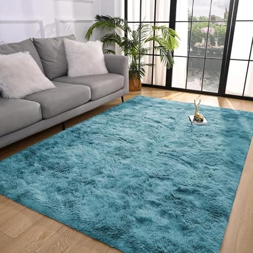 Image of BedLooms Rugs Living Room Large 200x290 cm – Tie-Dye Teal Area Rugs for Bedroom Non Slip – Modern Super Soft Plush Carpets Fluffy Shaggy Rug for Lounge – Non Shedding Easy To Clean Bedside Rug