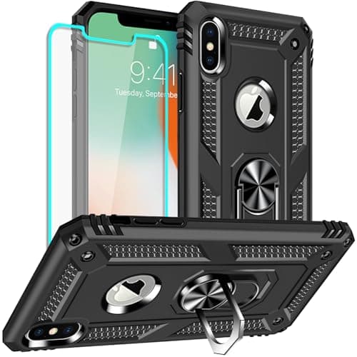 Image of for iPhone X Case, iPhone Xs Case with Screen Protector, Silicone Shockproof Military Grade Protective Phone Cover with Ring Kickstand for Apple iPhone X/Xs (Black)