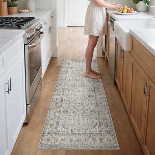 Image of GENIMO Runner Rug 80x200cm–Washable Long Non-Slip Carpet for Hallway,Entryway,Bedroom & Kitchen,Soft Short Pile Durable Mat–Cream & Grey