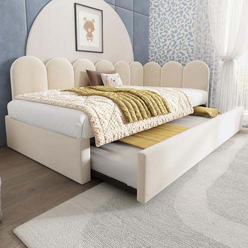 Image of RIAZOS Upholstered Bed with Pull-Out Bed, 3FT Single Daybed Sofa Bed 90X190cm, Guest Beds for Adults and Children, with Metal Slatted Frame, Velvet, No Mattress, Beige
