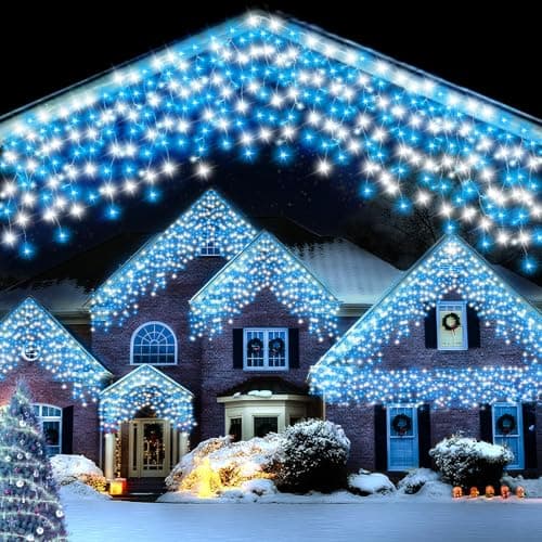 Image of FFZZKJ Christmas Icicle Lights Outdoor Blue White 480LED 50FT Icicle Christmas Lights with 8 Modes Timer Waterproof, for Eaves, Pavilion, Fences, Patio, Gardens, White&Blue
