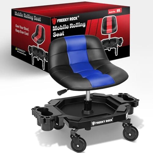 Image of FREEKYROCK Rolling Stool with Wheels, Adjustable Height Pneumatic Garage Work Mechanic Stool Seat with Backrest, 400 LBS Capacity 360° Swivel Mechanic Crepper Chair with Tool Tray Storage, Blue