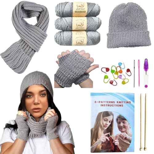 Image of Knitting Kit for Beginners Adults & Kids, Crochet Kit for Beginners with Step-by-Step Guide, Learn to Knit Starter Bundle for Scarves, Hats & Gloves Includes Wool Yarn, Needles & Accessories (Gray)