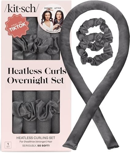 Image of Kitsch Heatless Curling Set - Satin Heatless Curlers for Long & Short Hair, Hair Curler No Heat for Heatless Curls, Overnight Curls with 2 Satin Scrunchies & 34" Blowout Rod - Charcoal