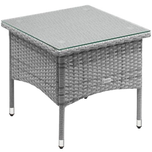 Image of CASARIA® Square Poly Rattan Garden Coffee Side Table | Weatherproof With Glass Top | 50x50x45cm | Height Adjustable Feet | Indoor Outdoor Patio Terrace Balcony Conservatory Furniture | Grey