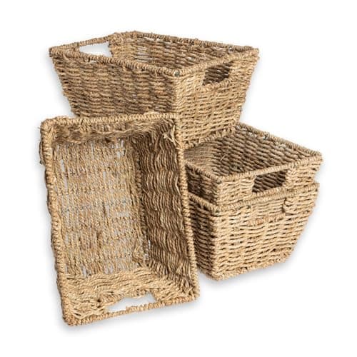 Image of Vencier Set of 4 Handwoven Seagrass Storage Baskets – Natural Wicker Organizer Baskets with Handles for Shelves, Bathroom, Bedroom, and Home Office – Nesting Design for Space-Saving Storage