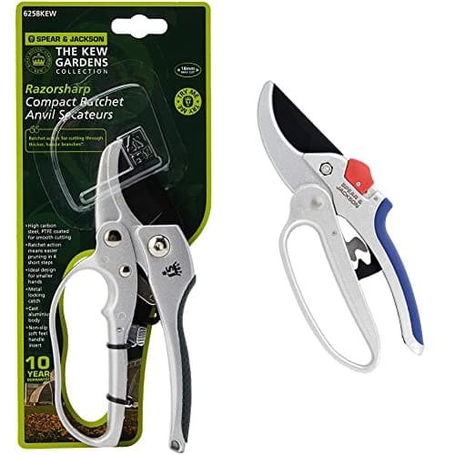 Image of Spear & Jackson 6258KEW Kew Gardens Compact Ratchet Anvil Secateurs - Silver & 6758GS Razorsharp Geared Anvil Secateurs