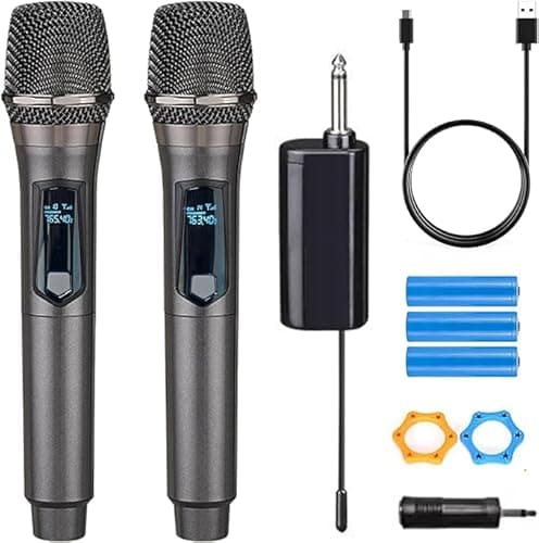 Image of HUACAM Professional Wireless Microphone Dual Metal Dynamic Microphone System with Rechargeable Receiver, for PA System, Karaoke, Meeting, Home KTV, Wedding, DJ, Party (68-V02)