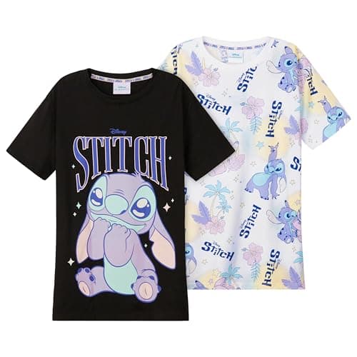 Image of Disney Stitch T Shirt 2 Pack for Girls and Teenagers Short Top Sleeve Crew Neck T-Shirts Multipack Soft Comfy Breathable Stitch Gifts for Girls (11-12 Years, Black/White, 2)