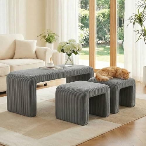 Image of Clevich Nesting Ottoman Bench Set of 3, Upholstered End of Bed Bench with 2 Footstools, 40.5" Fabric Bedroom Bench, Entryway Seat, Vanity Stool Set for Living Room, Hallway