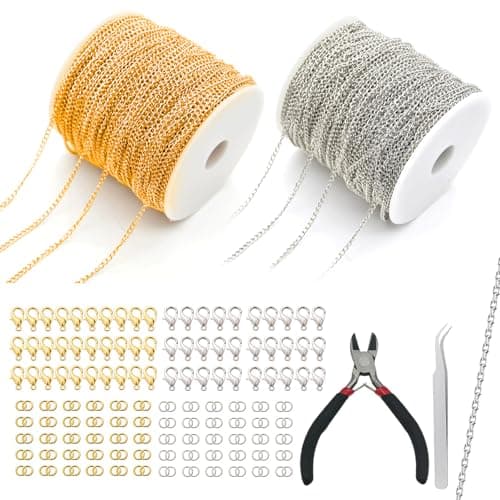 Image of NEUSID 2 Roll Gold Silver Chain for Jewellery Making, 33 Feet 2.4mm DIY Craft Bracelet Necklace Making Chains with 60 Lobster Clasps and 120 Jump Rings, Small Pliers Tweezers
