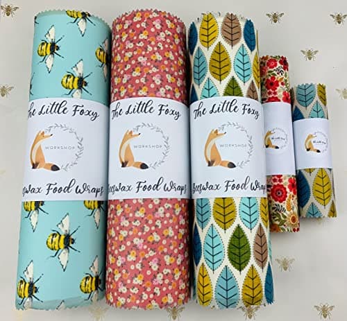 Image of Natural Reusable Beeswax Food Wraps - Set of 5 Sheets 3 Large (30x30cm),1 Medium(20x20),1 Small(15x15) Sizes Wraps - Patterns Randomly Selected