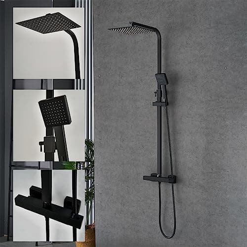 Image of Plumbsys Black Thermostatic Shower Mixer Set Square Shower kit 10 inch Stainless Steel Overhead Shower Brass Thermostatic Valve