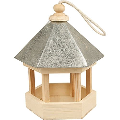 Image of Creativ 577300 22 x 18 x 16.5 cm 1-Piece Wooden Hexagonal Bird Table with Zinc Roof Pine