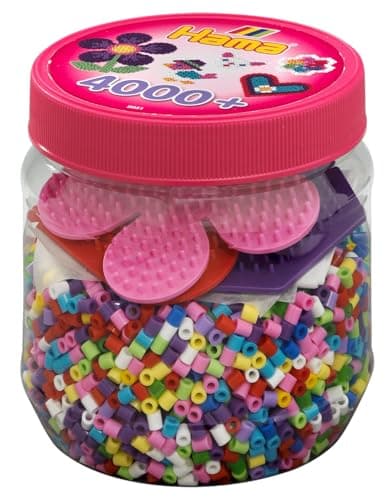 Image of Hama Beads and Pegboards in Tub, 4000 Beads & 3 Pegboards, Official Arts and Crafts Set for Boys and Girls Ages 5+, Pink