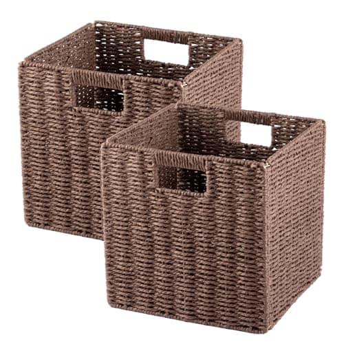 Image of Trintion 2x Faux Wicker Baskets Faux Wicker Organizer Bins with Handles for Shelves Foldable Storage Cubes Storage Baskets for Gifts For Organization & Decoration (Brown, 28x28x28cm)