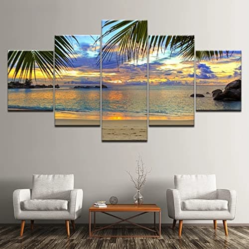 Image of 5 Pieces Wall Art 5 Panel Wall Art Canvas Painting Tropical Window On Beach Caribbean Nature Landscape For Modern Bedroom,Living Room,Office Wall Decoration,Gift Large Size Framed Artwork
