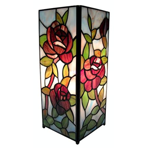 Image of 27cm Tiffany Style Table Lamp Square Red Rose Design Glass Shade + Light Bulb