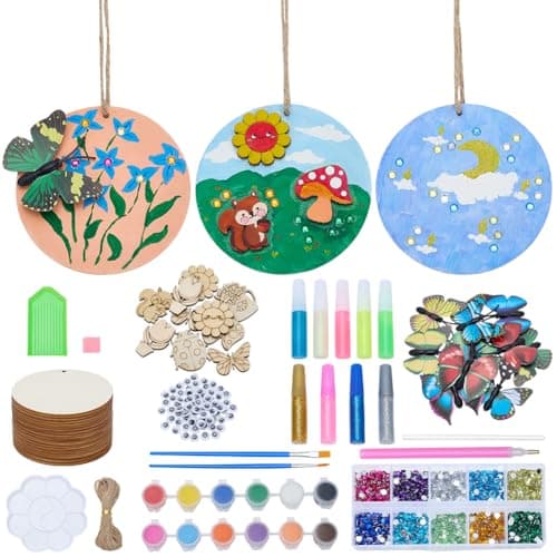 Image of WEBEEDY 20 Sets Butterfly Flower Wooden Painting Crafts for Adults Beginners, Glow in The Dark Wooden Painting Kit DIY Wood Art and Craft Kit with 8cm/3.15'' Wood Slices Wall Hanging Decoration