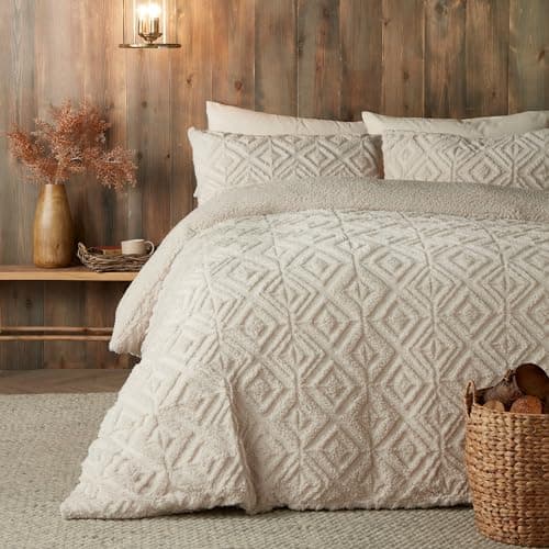 Image of Fusion - Natural Cream Teddy Fleece Duvet Cover - King Bedding Size (230 x 220cm) - Reversible Design - Linen Beige Jacquard Duvet Cover - Geometric Square Tufted Bedding - Soft & Cosy Fleece