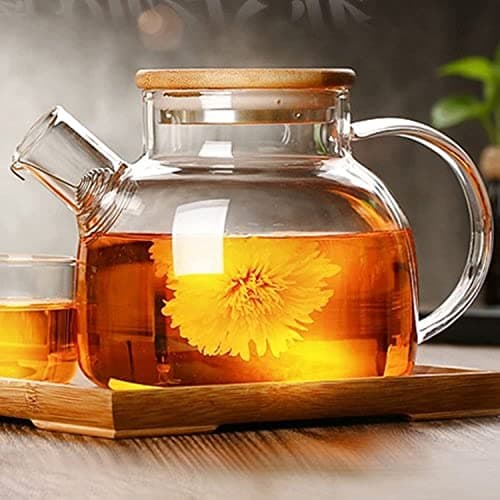 Image of Cosy-YcY Glass Teapot with A Filter Coil, Teapot with Strainer for Loose Tea,Tea Kettle and Tea Maker, Bamboo Lid with Stainless Steel Bottom and Filter Coil(1000ML/35oz)