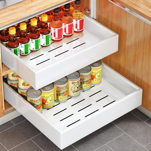 Image of SAYZH Pull Out Cabinet Organizer, Slide Out Drawer Storage Shelves for Kitchen Cupboard, Roll-Out Extendable Sliding Drawer, (43 CM Depth x 35 CM Width x 9CM Height), White