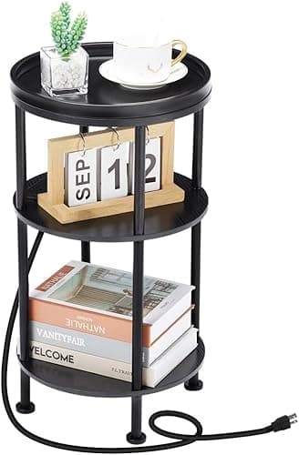 Image of YEAKOO Nordic End Table, 3-Tier 30cm Round Side Table with Storage Shelf Edge Protection Tray, Sturdy Metal Frame Coffee Table Bedside Table for Living Room Bedroom Small Spaces (USB Charger, Black)
