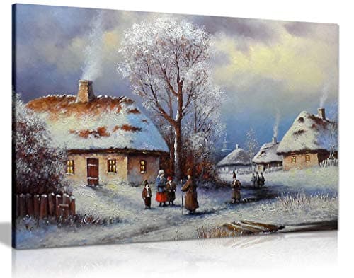 Image of Old Winter Village Painting Canvas Wall Art Picture Print (30x20)
