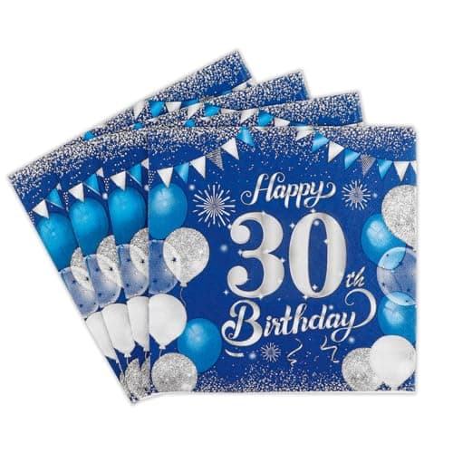 Image of 20pcs Navy Blue Silver Happy 30th Birthday Napkins - Disposable Paper Serviettes for Men Women Table Decorations, Elegant Party Tissue for Him Her