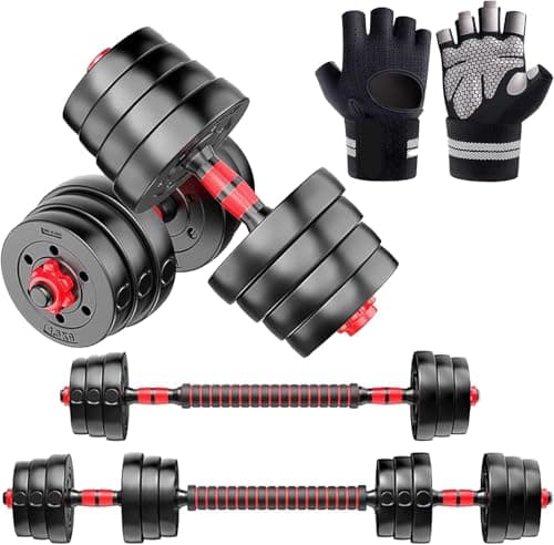 Image of Edinco 50kg Adjustable Dumbbell Barbell Weights Set | Heavy Duty Home Gym Equipment | Strength Training Free Weights Kit | Incl. Gloves & Connector