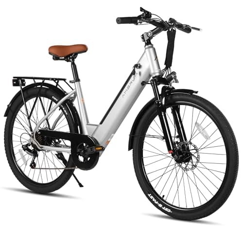 Image of HILAND 26 Inch Electric City Bike, 250W Motor 36V E-Bike for Adults, 7-Speed with Front & Rear Disc Brakes, High-Carbon Steel Frame, 10.4Ah Battery, Unisex Commuter Electric Bicycle, Gray