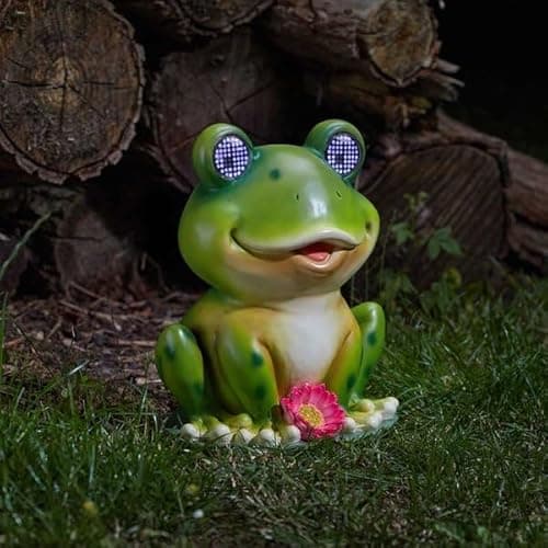 Image of Smart Solar Solar Garden Frog Ornament with Blinking LED Eyes, 25 x 21 cm, Green Polyresin