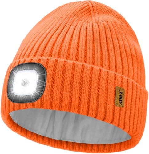 Image of ATNKE LED Lighted Beanie Hat,USB Rechargeable 4 LED Ultra Bright Running Headlamp Hands Free Head Torch Cap with Light Winter Warm Fleece Lined Knit Beany Gifts for Men and Women/Orange