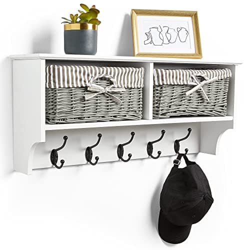 Image of VonHaus Coat Hooks Wall Mounted - White Coat Rack Shelf w/ 2 Grey Wicker Storage Baskets & 5 Strong Double Clothes Hooks - Hallway Organiser w/Shelving for Hall & Entryway - for Scarves, Bags