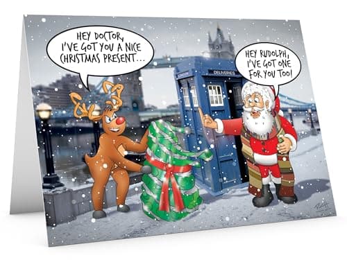 Image of STREET SANTA - Doctor Who Christmas Card - Santa with TARDIS and Dalek Gift - Large A5 Greeting Card - Gloss Finish - Blank Inside - Funny Sci-Fi Holiday Card for Whovians and Time Travel Fans