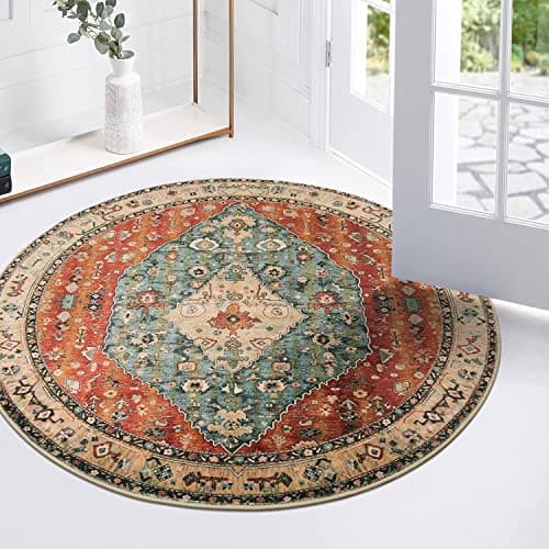 Image of KIMODE Round Rug, 90cm Soft Vintage Boho Rug for Bedroom, Living, Dining Room - Non Slip, Machine Washable, Indoor Mat