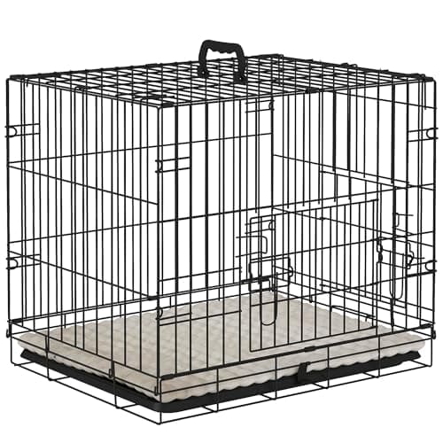 Image of PawHut Dog Crate, Folding Metal Dog Cage with Two Doors, Tray, Soft Cushion, for Extra Small Dogs, 60 x 45 x 50 cm, Black