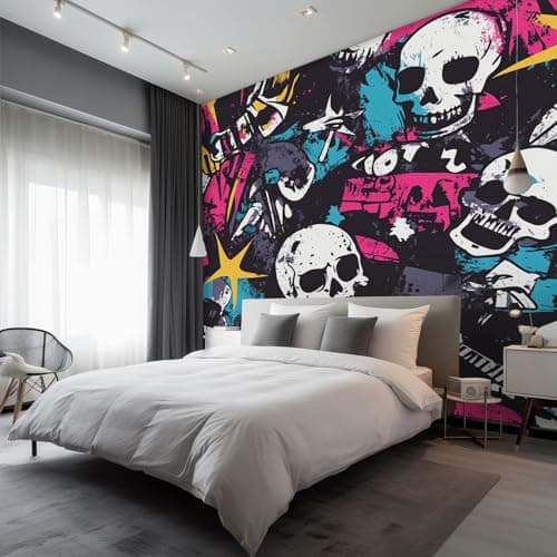 Image of Skull Graffiti Wallpaper for Boys Bedroom - Rock and Roll Wall Paper, Graffiti Home Decor, Non-woven Waterproof Print Wallpapers for Living Room, Feature Walls Mural 250x175 cm - BXA101