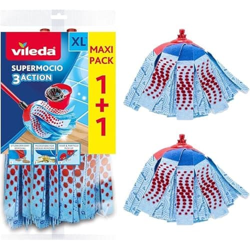 Image of 2 x Vileda SuperMocio 3 Action XL Mop Refills – Maxi Pack 1+1 Pack | Microfibre Mop Head Replacement for Stubborn Dirt & Grease | Floor Cleaning Refills for Tile, Laminate & Wood