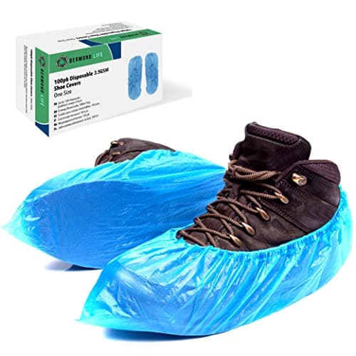 Image of Bermond Life Disposable Shoe Covers | Pack of 100 Plastic Shoe Covers | Blue & Waterproof Shoe Protector | Overshoes with a Storage Box | Shoe Covers for Work, Gardening & More