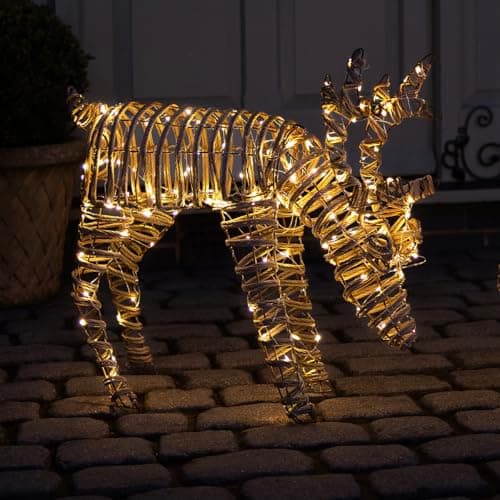 Image of CHARLES BENTLEY Outdoor & Indoor Small Rattan Light Up Reindeer Decoration, 60cm, Rattan, Brown Metal Frame, Plug-In Micro LED Lights, Timer Feature, Ground Pegs & Cable Ties Included, Christmas