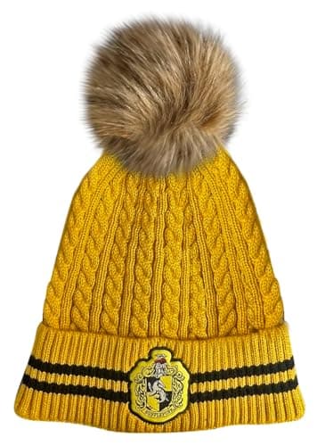 Image of Licensed Harry Potter Hufflepuff Cable Knit Ski Hat Beanie with Detachable Faux Fur Pom Pom – Unisex Winter Hat for Adults & Teens, Yellow