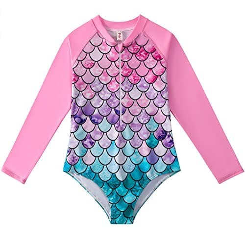 Image of PythJooh Little Girls One-piece Swimming Costumes Kids Long Sleeve Zipper Swimwear Bathing Suit Rash Guard Set for 4-12Years Teen Girls Pink