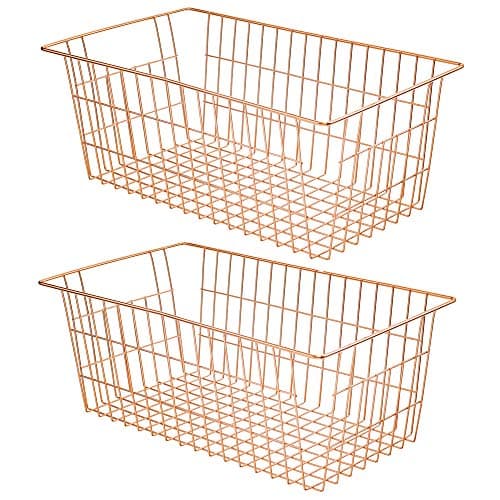 Image of SANNO Wire Storage Basket, Farmhouse Pantre Freezer Baskets bins Metal Baskets Kitchen Storage Organizer Bin for Pantry, Shelf, Freezer, Kitchen Cabinet, Bathroom, Rose Gold
