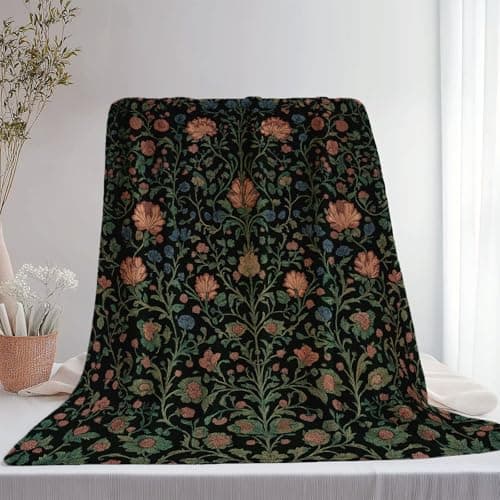 Image of Fleece Throw Blanket Dark Green - William Morris Leaves Floral Pattern Soft Warm Lightweight Cozy Blankets for Kids Teens Adults, 127 x 152 cm Printed Sherpa Blanket for Bed Sofa Living Room Couch