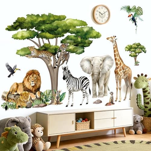 Image of Peelora Large Jungle Animals Tree Wall Stickers Safari Giraffe Elephant Lion Zebra Wall Decals Kids Room Baby Nursery Bedroom Home Decor Stickers (XXL)