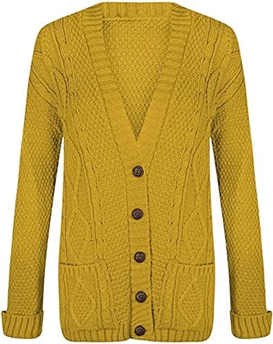 Image of Purple Hanger New Women’s Ladies Long Sleeve Button, Front Pocket Chunky Aran Cable Knit Grandad Cardigan, Sweater Plus Size 8-26 (UK, Numeric, 16, 18, Regular, Regular, Mustard)