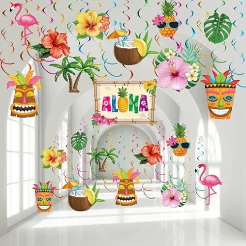 Image of 30PCS Hawaiian Tropical Party Decorations Summer Theme Festival Party Photography Decorations Ideal for Use in Entrance Halls, on Ceilings, as a Backdrop for Photographs, or for Gatherings in Gardens