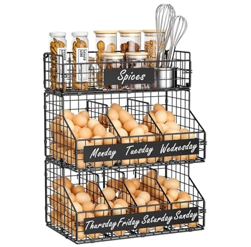Image of Egg Holder for Countertop/Worktop, Large Capacity 3 Tier Egg Storage Rack with 5 Adjustable Dividers, Wipe-Clean Labels & Erasable Pen, Carbon Steel Egg Organiser for Weekly Sorting