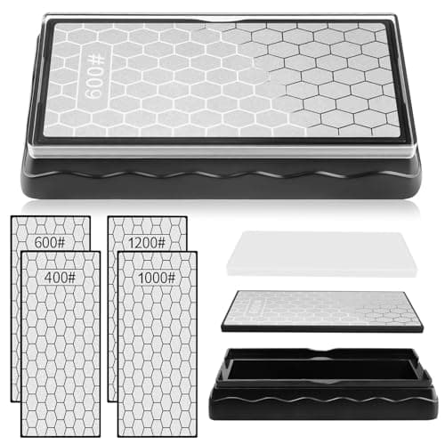 Image of 2PCS Double Sided Diamond Sharpening Stone, Kalolary Knife Sharpener Stone Grit Diamond Sharpener Plate with 1 Non-Slip Base for Knives Outdoor Kitchen Sharpen Tools (400/1000 Grit, 600/1200Grit)